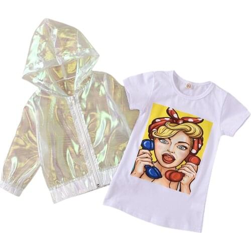 Infant Kids Baby Girls Fashion 2Pcs Set Outfits Girls Printing Short Sleeve Long Shirt Shift Dress +Laser Coat Outfits 18M-8T