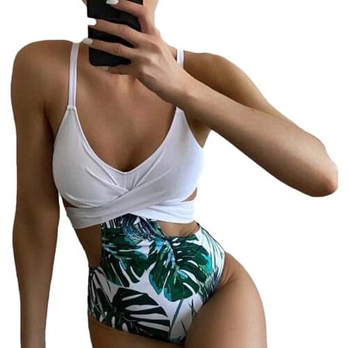 Ruffle Sexy Leaf Print Deep V Neck Adjustable Bathing Suit Backless Bodysuit S/M/ XL/2XL/ 3XL Size Beachwear Triangle Bathing