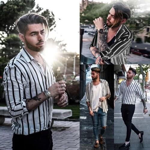 Fashion New Plus Size Streetwaer Mens Slim Fit Long Sleeve Linen Stripe Shirts Casual shirt Tops Blouse