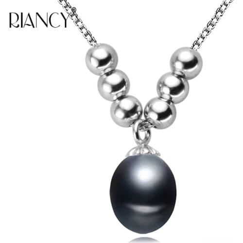 Fashion 925 sterling silver black freshwater pendant necklace 8-9mm Rice shape natural pearl necklace for wedding jewelry