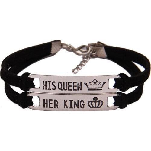 2Pcs Matching Set His Queen Her King Alloy Couple Bracelets for Lovers Woven Braided Cord Bracelet Valentines Day Jewelry Gifts