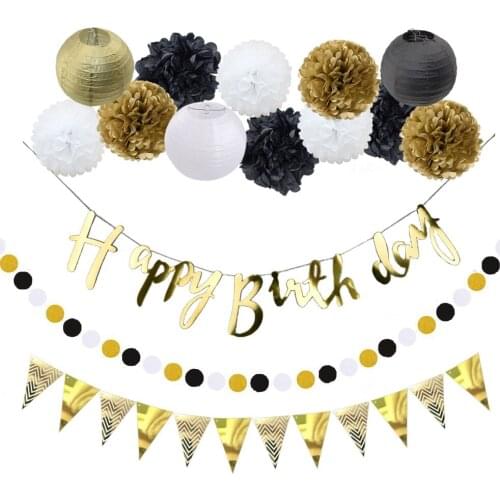 New 15pcs/set Happy Birthday Decoration Hanging Paper Banners Baby Girl Boy Shower Party Favor Paper Lantern Gold Black White