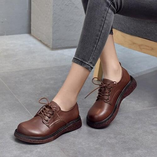 2021 Spring New British Style Doll Head Genuine Leather Womens Shoes Mid-heel Retro Big Round Toe Single Shoes Low-top Shoes