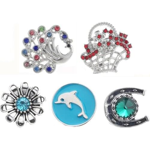 10pcs/lot New 18mm Snap Jewelry Mix RhinestoneF lower basket Peacock Styles Charm Metal Snap Button Bracelets for Women