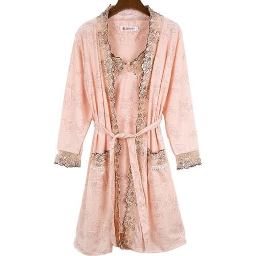 Sexy lingerie women silk lace robe dress 2019 NEW arrival night wear set 2 in 1 Knitted Cotton fabric lounge set PHOENTIN FG017