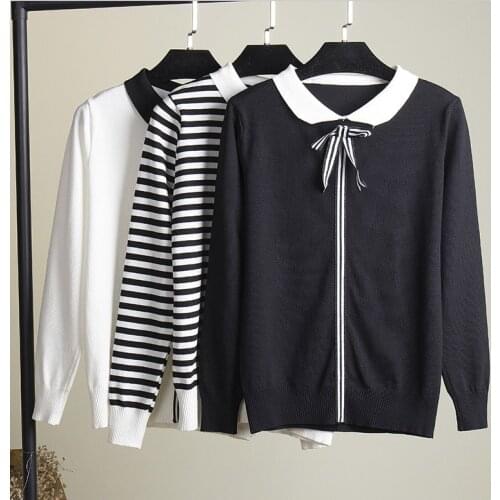 2021 Spring Lapel Collar Bow T-Shirt Women Clothes Girls College Style Sweet Knitted Tops Long Sleeve Black White Stripe Top