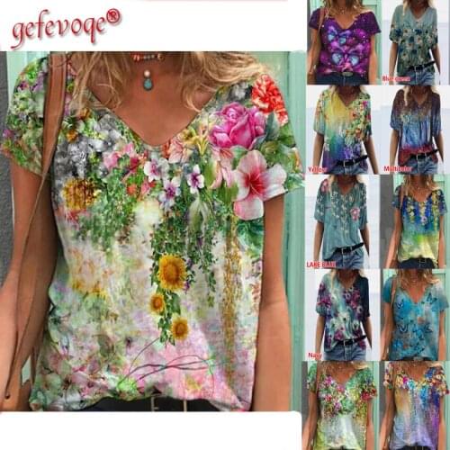 5XL Oversized Ladies Soft Tops Women Flower Printing Loose V-Neck T-Shirt Short Sleeve Summer Casual Clothes New Streetwear