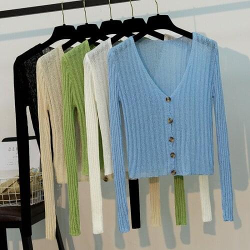 Summer Women Single Breasted Short Knitted Cardigan Female V Neck Long Sleeve Casual Thin Sweater Jacket Knitwear for Women