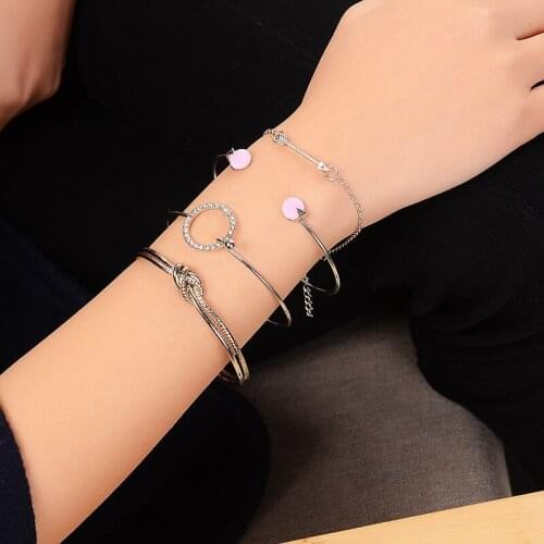 Knotted Metallic Rope Bangle Crystal Hoop Pink Frosted Stone Arrow Stick Women Golden Bracelets & Bangles 4 pcs/set