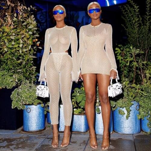 Shesrim Clermont Twins Sexy Mesh Long Sleeves Round Neck Khloe Womens Fishnet Mini Dress