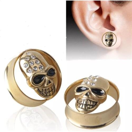 1pc New Punk Stainless Steel Ear Expansion Skeleton Gold Crystal Piercing Jewelry Ear Plugs Tunnels Body Piercing For Men Women