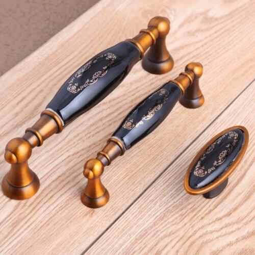 128mm black gold flower ceramic wardrobe kitchen cabinet door handles yellow bronze drawer tv cabinet cupboard pulls knobs 5"