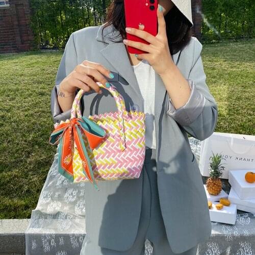 2021 Trend Striped Woven Handbag With Scarf Portable Casual Womens Fashion Small Mini Bag Simple Bags