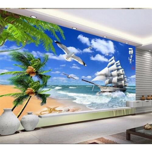 Large custom Photo made high definition coconut tree seagull sailboat smooth sailing sea fresco TV backdrop wallpaper
