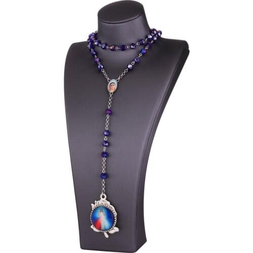 Rose Christ Jesus Pendant Catholic Paternosters Rosary Necklace Long Blue Glass Prayer Beads Chain Religious Communion Jewelry