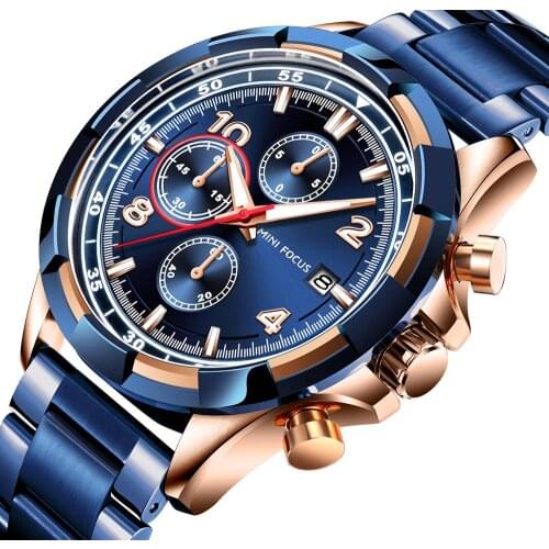 MINI FOCUS Watch 0198 G Fashion Watches Men Wrist 2019 Sports Blue Rose Gold 3 Dials Luxury Stainless Steel Luminous Man Watch