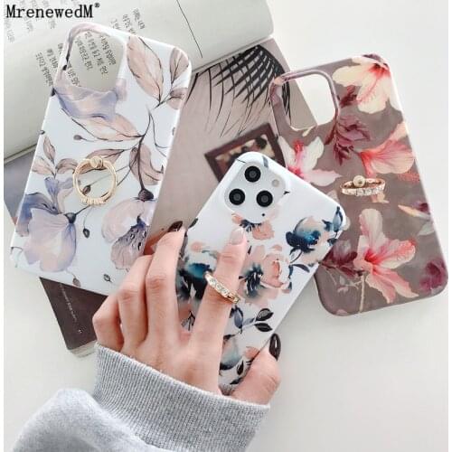 Retro Leaf Flower Diamond Ring Phone Case For iPhone 11 12 Pro Xr Xs Max 12 Mini SE2 7 8 Plus Soft Shockproof Cover with Holder
