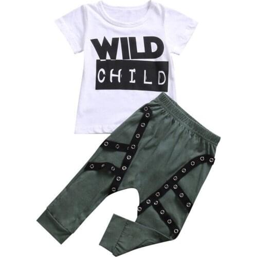 Infant Newborn Cute Toddler Kid Baby Boys Wild Child Short Sleeve T shirt Top Long Pants Outfits Casual Clothes Set