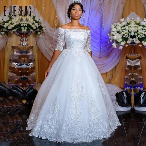 E JUE SHUNG African Off Shoulder Wedding Dresses Boat Neck Half Sleeves Embroidery Lace Up Back Bride Dresses vestido de noiva