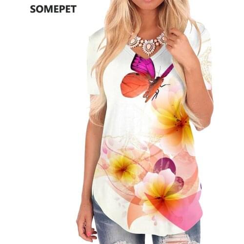 SOMEPET Flower T-shirt women Butterfly T-shirts 3d Animal V-neck Tshirt Novel Funny T shirts Womens Clothing Hip hop Cool Style