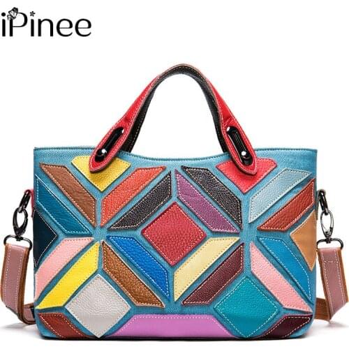 IPinee Colorful Leather Patchwork Women Shoulder Bag Casual Cowhide Bucket Retro Style Female Travel Handbags Tote