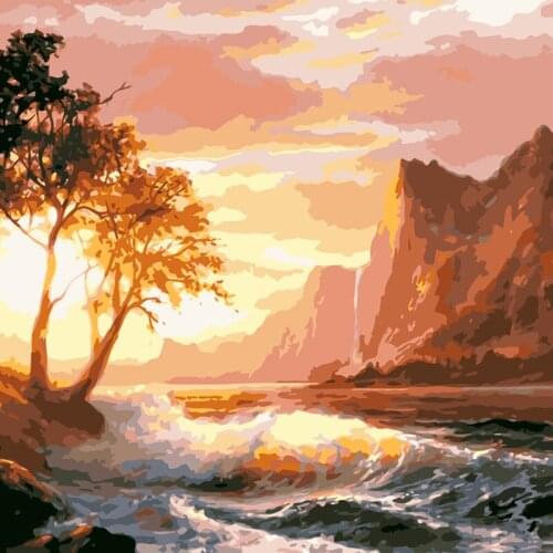 Painting By Numbers DIY Dropshipping 50x65 60x75cm Sunset mountains and seas Scenery Canvas Wedding Decoration Art picture Gift