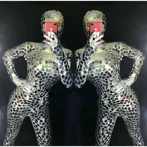 KS29 Sexy female stage wears slim bodysuit silver mirror jumpsuit ballroom dance costumes stage dress clothe party outfits disco