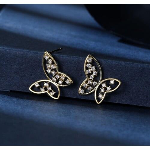 Fashion Simple Hollow Out Butterfly Stud Earring Elegant Women Inlay Zircon Gold Color Earring Trend Charm Lady Cocktail Jewelry