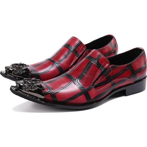 Mens Shoes Italian Type Metal Pointed Toe Genuine Leather Dress Shoes Brand Designer Party & Wedding Oxford Shoes