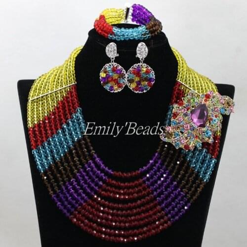 Multicolored African Costume Bridal Statement Necklace Beads Jewelry Set Nigerian Wedding Crystal Beads Set Free Shipping ALJ212