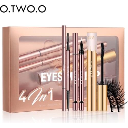 O.TWO.O 4 Pcs/kit Eyes Makeup Set Dark Brown Eyebrow Pencil Liquid Eyeliner Pen Waterproof Mascara with False Eyelashes Cosmetic