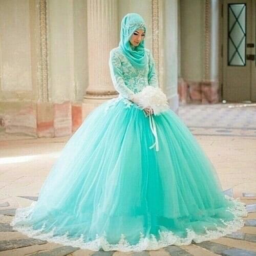 New Hot Sale Islamic vestido de noiva Style Baby Blue Long Sleeve Hijab Muslim Bridal ball gown mother of the bride dresses