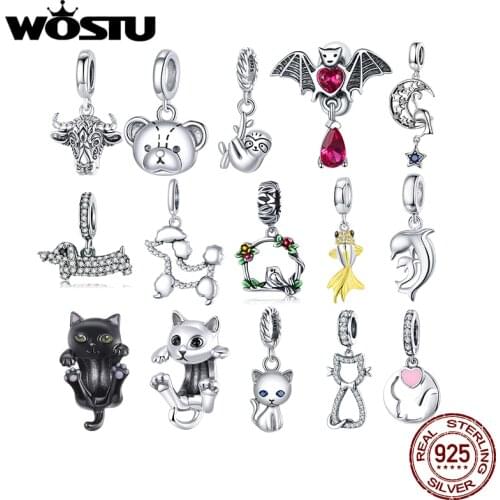 WOSTU Authentic 925 Sterling Silver Hot Sale Cute Cat Charms Pendant Fit Bracelets Women Party Fashion DIY Jewelry Gift Making