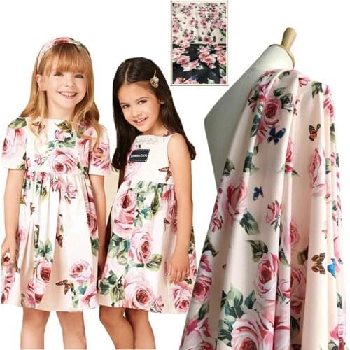 Rose flower printed polyester fabric cloth 145 cm width fashion womens shirt dress childrens clothing handmade DIY fabric
