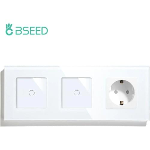 BSEED EU Standard 1Gang 1Gang 1Way Wall Touch Sensor Switch With EU Wall Socket Black White Golden Glass Panel Led Light Switch