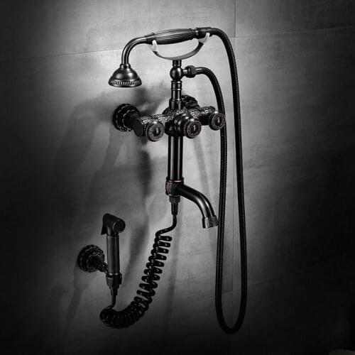 Bathtub Faucets Wall Mounted Black Oil Total Brass Carved Bathtub Faucet With Hand Shower Bathroom Bath Shower Faucet Bidet Taps