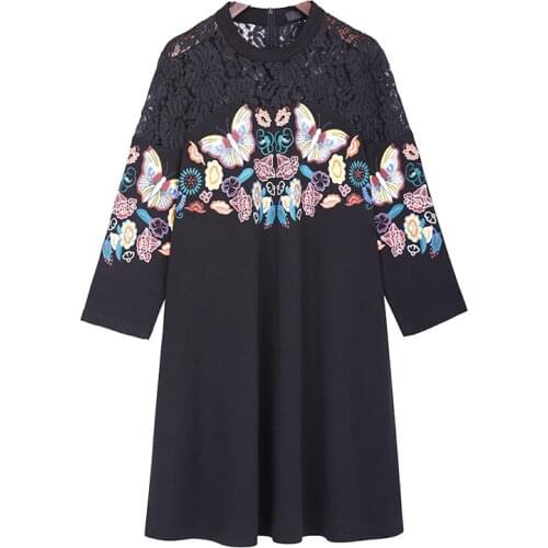 XL-5XL Large size fashion print patchwork lace dress for women three quarter sleeve Hollow lace casual loose dresses female