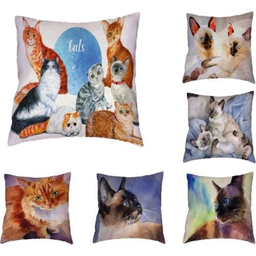 Funny Cat Polyester Peach Skin Cushion Cover Cat Family Members Collection Sofa Dormitory Office Chair Home Decor Pillow Case