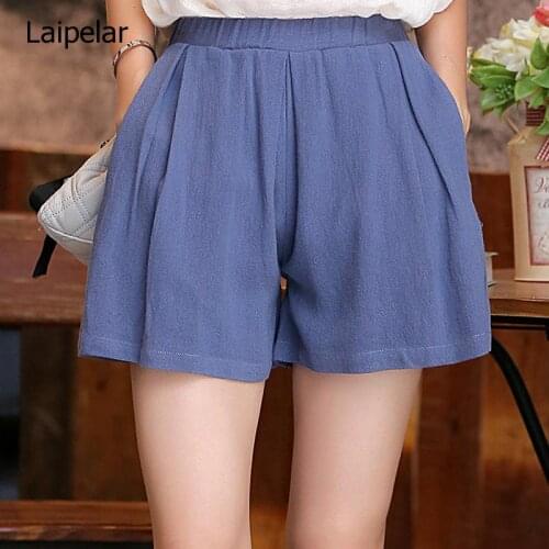 Womens 2020 New Fashion Elastic Waist Loose Cotton Linen Printed Chinese Large Size Wide Leg Shorts Loose Comfortable Shorts