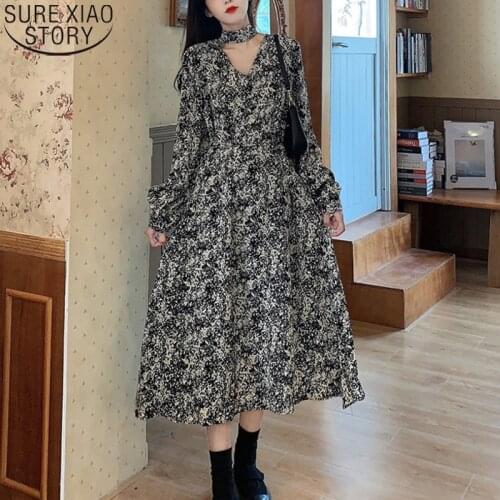 French V-neck Floral Long Dress Vintage Dresses Women Marble and Leaf Print Dress 2021 Autumn Winter Elegant Dresses 13079