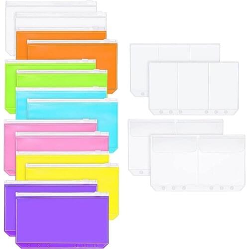 18 Pieces A6 Size 6 Holes Binder Pocket Waterproof PVC Loose Leaf Bags Budget Zipper Envelope Pouch Name Card Sleeves