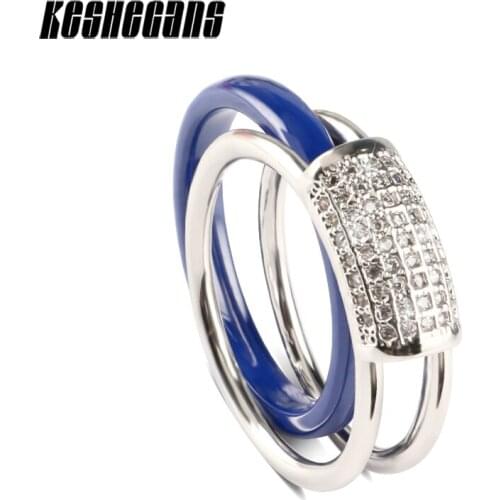 2018 2pcs/Set Blue Ceramic Ring And Stainless Steel Crystal Ring Women Fashion New Design Jewelry Top Quality Wedding Party Ring