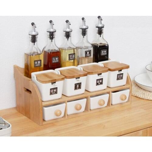 Bamboo Square Pot Ceramic Seasoning Pot Bottle Storage Seasoning Box Kitchen Set Gift Salt and Pepper Shakers Spice Rack Tools