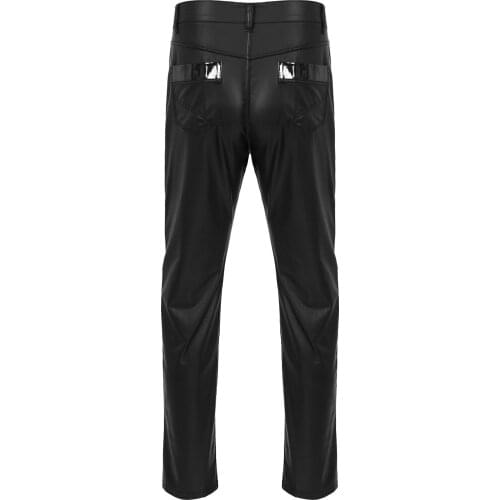 Mens Fashion Patchwork Faux Leather Pants Stage Performance Motorcycle Mid Waist Trousers with Pockets for Bar Club Dance Show