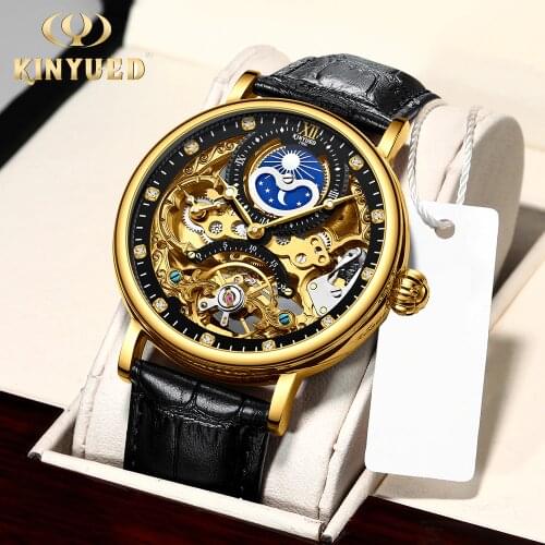KINYUED Watch Men Skeleton Automatic Mechanical Watch Black Gold Skeleton Vintage Man Watch Mens Watches Top Brand Luxury Clock