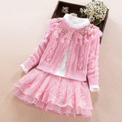 Kids Girl 3PCS Clothes Sets Lace Knitted Sweater Cardigan Jacket+Turtleneck Shirt+Skirt Princess Suits Spring Autumn Outfits