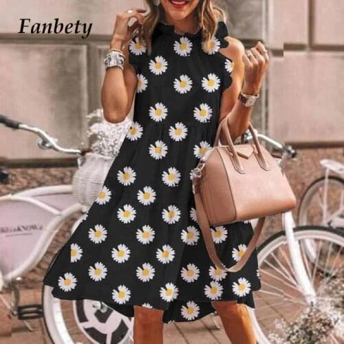 Elegant Daisy Sunflower Butterfly Sleeveless Print Dress Women 2020 Summer Casual O Neck Party Dress Vintage Midi Dress Vestidos