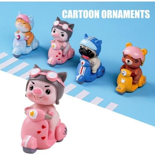 Carton Animal Toy Riding Motorcycle 3D Pig Cat Dog Bear Figurine Resin Crafts Ornament for Car Home Decoration Garden Decor
