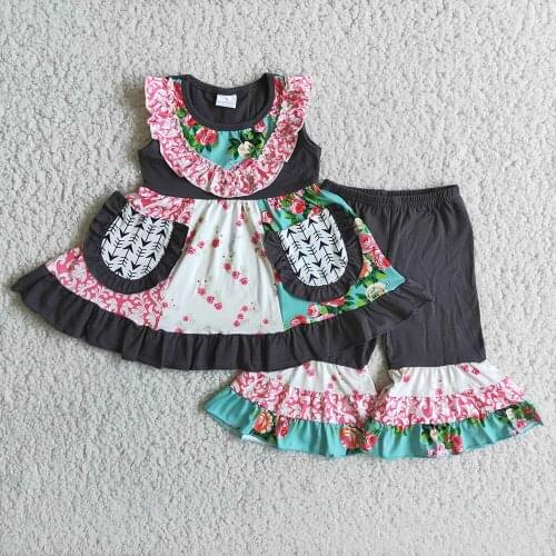 New arrival pocket outfits for baby girls flower cute top+black bell-bottoms 2 pieces sets children kids clothing hot sale gxj