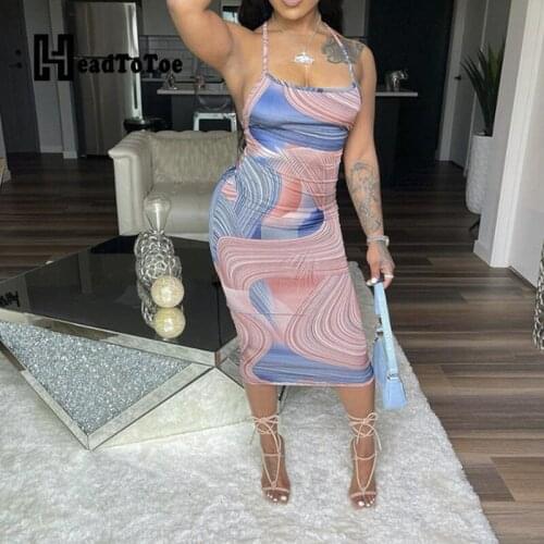 Print Sexy Fashion Dress Women Spaghetti Strap Square Neck Mid-calf Slim High Waist Dresses for Women